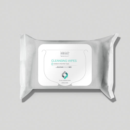 Sealed package of Obagi Medical cleansing wipes by SUZANOBAGIMD, designed for most skin types, containing 25 pre-moistened wipes. The packaging features a clean, minimalistic design with a labeled opening flap.